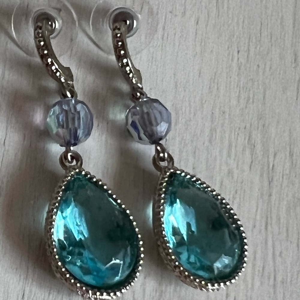 Silver tone and aqua glass earrings